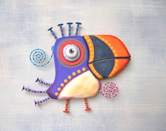 Bird Wall Art, MADE to ORDER, 'Purple Puffin', Handcrafted Found Object Sculpture, Wood Carving