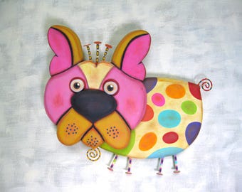 Whimsical Dog Wall Art, 'Festive Frenchy', Handcrafted Found Object Sculpture, Wood Carving