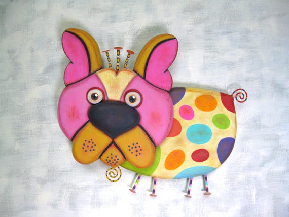 Whimsical Dog Wall Art, 'Festive Frenchy', Handcrafted Found Object Sculpture, Wood Carving