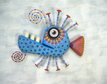 Blue Goldfish, Fish Wall Art, Fish Carving, Found Object Fish Sculpture, Whimsical Fish Art, Coastal Decor, Marine Art, by FigJamStudio