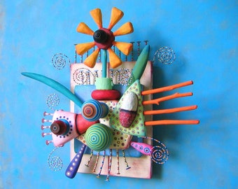 Whimsical Wall Art, 'Wild Daisy', Handcrafted Found Object Sculpture, Wood Carving