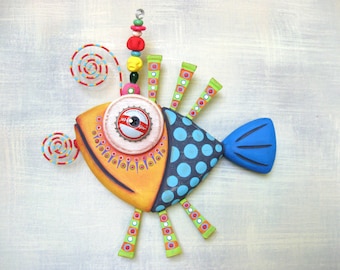 Fish Wall Art, MADE to ORDER, 'Fancy Guppy', Handcrafted Found Object Sculpture, Wood Carving