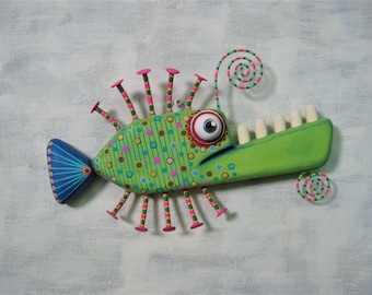 Fish Wall Art, MADE to ORDER, 'Green Anchovy', Found Object Sculpture, Wood Carving