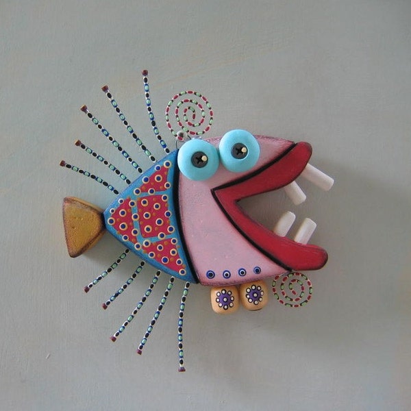 Twisted Piranha, Original Found Object Wall Art, Wood Carving, by Fig Jam Studio