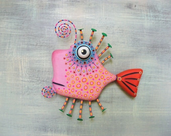 Whimsical Fish Art, MADE to ORDER, 'Pink Goldfish', Wood Carving, Found Object Wall Sculpture