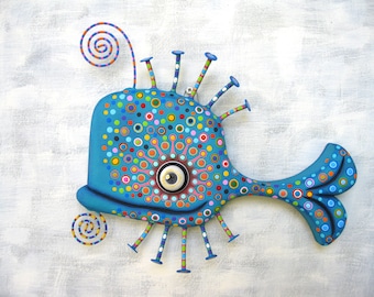 Marine Wall Art, MADE to ORDER, 'Jolly Whale', Handcrafted Found Object Sculpture, Wood Carving