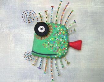 Fish Wall Art, MADE to ORDER, 'Green Guppy', Wood Carving, Found Object Sculpture