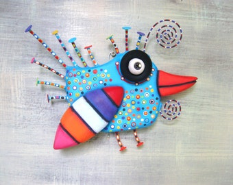Bird Wall Art, MADE to ORDER, 'Bright Bluebird', Found Object Sculpture, Wood Carving