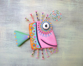 Arte mural de peces, HECHO A PEDIDO, 'Gypsy Bluegill', Talla de madera, Escultura de objeto encontrado hecha a mano