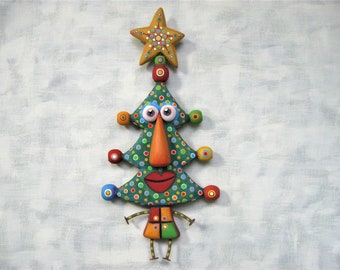 Kerry Christmas, Found Object Wall Sculpture, Whimsical Wall Art, Christmas Tree Art, Figure Sculpture, Self Portrait, by FigJamStudio