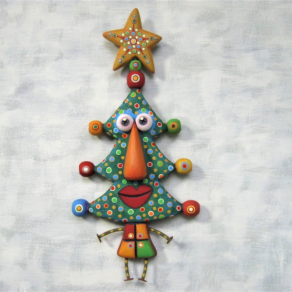 Kerry Christmas, Found Object Wall Sculpture, Whimsical Wall Art, Christmas Tree Art, Figure Sculpture, Self Portrait, by FigJamStudio