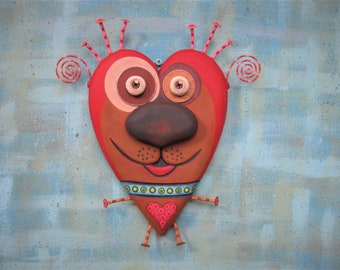 Whimsical Wall Art, 'Puppy Love', Handcrafted Found Object Sculpture, Wood Carving