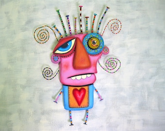 Whimsical Wall Art, 'Ringling', Handcrafted Found Object Sculpture, Wood Carving