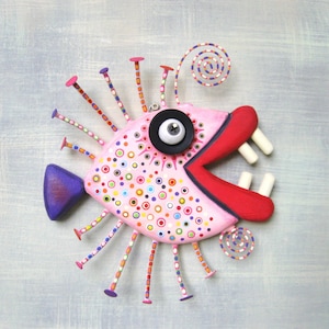 Fish Wall Art, MADE to ORDER, 'Pink Piranha', Handcrafted Found Object Sculpture, Wood Carving