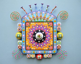 Handcrafted Found Object Sculpture, 'Glimmer 3', Colorful Wall Art, Wood Carving