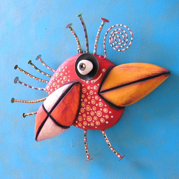 Red Robin, Original Found Object Wall Sculpture, Wood Carving, Wall Decor, by Fig Jam Studio