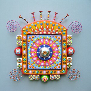 Handcrafted Found Object Sculpture, 'Glimmer 2', Colorful Wall Art, Wood Carving