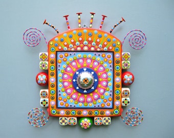 Handcrafted Found Object Sculpture, 'Glimmer 2', Colorful Wall Art, Wood Carving