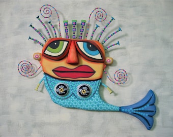 Whimsical Wall Art, MADE to ORDER, 'Ruby Mermaid', Handcrafted Found Object Sculpture, Wood Carving