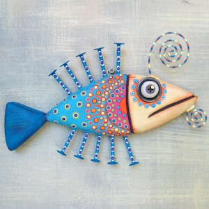 Fish Wall Art, MADE to ORDER, 'Blue Sunfish', Wood Carving, Handcrafted Found Object Sculpture