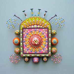 Handcrafted Found Object Sculpture, 'Glimmer 1', Colorful Wall Art, Wood Carving