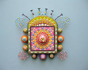 Handcrafted Found Object Sculpture, 'Glimmer 1', Colorful Wall Art, Wood Carving