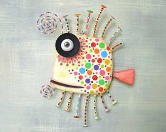 Fish Wall Art, MADE to ORDER, 'Festive Guppy', Found Object Sculpture, Wood Carving