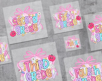 May include: A collection of colorful grade level designs, including "Second Grade", "Fifth Grade", "Third Grade", "Pre-K", "Fourth Grade", and "Sixth Grade". Each design features a pink bow, flowers, and an apple. The text "WHAT SIZE DO YOU NEED?" is at the top.