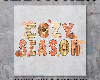Patchwork Cozy Season DTF Transfer, Floral Fall Letters with Lace and Bow, Autumn Iron On Print, Cute Cozy Shirt Ready To Press
