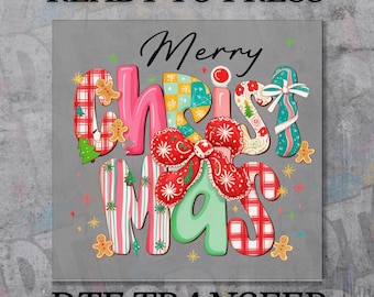 Preppy Merry Christmas DTF Transfer, Ready to Press Tree and Santa Merry and Bright Design