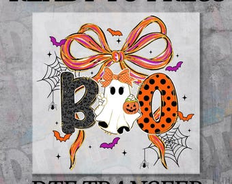 Boo Halloween Coquette DTF Transfer, Cute Bow Halloween Print, Preppy Boo Ready To Press Heat Transfer, Girly Spooky Season Shirt