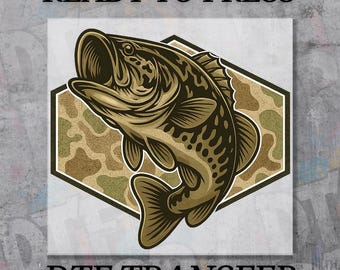 Camo Bass Fish DTF Transfer, Ready to Press Hunting T-Shirt Decal