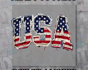 DTF Transfer, Faux Quilted USA Ready To Press, Faux Patchwork Patriotic DTf Print, 4th of July Preppy USA Flag Iron On