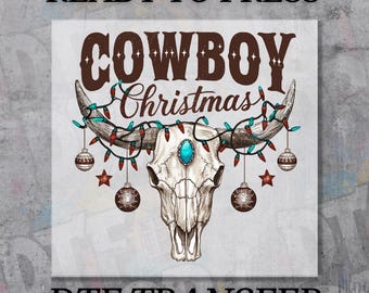 Cowboy Christmas DTF Transfer, Ready to Press Western Bull Skull Holiday Design