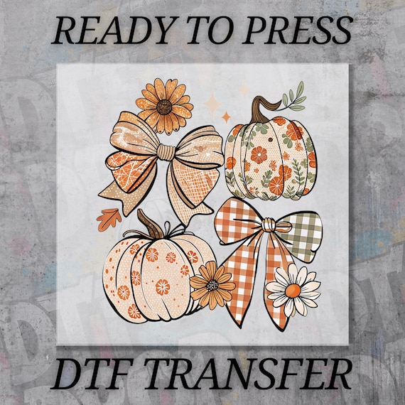Floral Fall Pumpkin DTF Transfer, Boho Autumn Bow Print, Ready to Press Iron-On