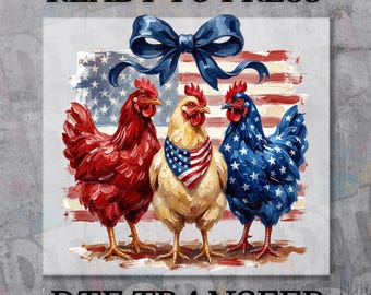DTF Transfer Patriotic Chickens 4th of July, Ready to Press Heat Transfer, American Flag Farm Design, Farmhouse Shirt Graphic