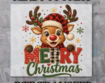 DTF Transfer, Cute Reindeer Merry Christmas, Buffalo Plaid Christmas Print, Ready to Press, Iron On Transfer, Holiday Shirt Design