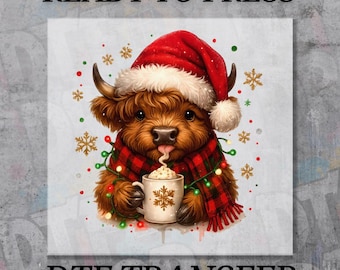 Christmas Highland Cow DTF Transfer, Ready to Press Farm Animal Xmas Print