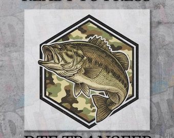 Camo Bass Fish DTF Transfer, Camouflage Hunting Design, Patriotic Retro Fishing Shirt Print, Ready To Press Outdoor Iron On