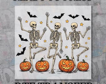 Vintage Dancing Skeleton DTF Transfer, Halloween Pumpkin Design, Ready to Press Iron-On