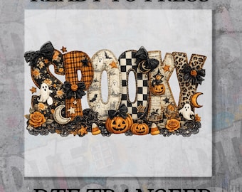 Vintage Spooky Halloween DTF Transfer, Cute Pumpkin Ghost Ready to Press, Retro Patchwork Leopard Checkerboard Iron On