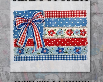 Coquette American Flag DTF Transfer Ready to Press, Patriotic Bow Floral Print, Checkered USA Design, 4th of July Shirt Graphic