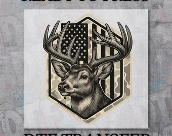 Detailed Deer Head DTF Transfer, Ready to Press Camo Patch Hunting Design