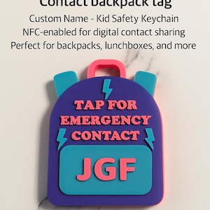 Pre-programmed 3D Printed NFC Emergency Contact Backpack Tag Custom Name  Kid Safety Keychain