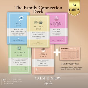 May include: A set of family connection cards with different coloured designs. The cards feature prompts such as "Talk Card", "Reflect Card", and "Action Card". A weekly plan is also included. The deck is designed to help families connect and communicate.