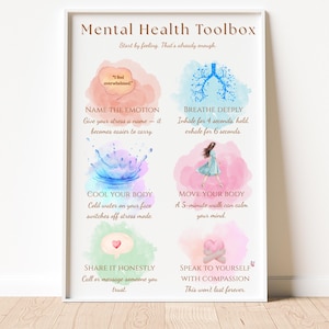 May include: A framed print titled "Mental Health Toolbox" with watercolor illustrations and text offering mental health tips. The print includes phrases like "Name the Emotion" and "Breathe Deeply."