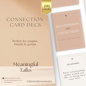 Puede incluir: Un mazo de cartas con el texto "CONNECTION CARD DECK" y "Meaningful Talks". El mazo está diseñado para parejas, amigos y grupos. Las cartas son de color melocotón claro con las palabras "RELATIONSHIPS AND CONNECTIONS". El mazo contiene 100 cartas.