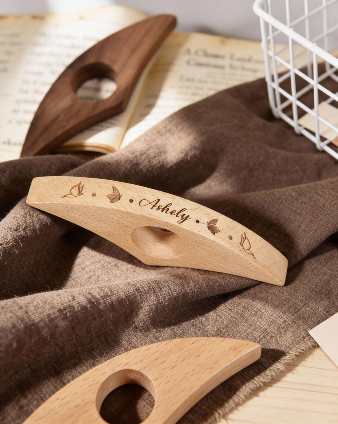 Personalized Wood Thumb Book Page Holder, Custom Name Reading Ring
