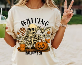 Just Waiting for Halloween Shirt, Funny Skeleton Pumpkin Shirt, Spooky Fall Graphic Shirt, Spooky Season Tee, Retro Halloween Shirt for Her