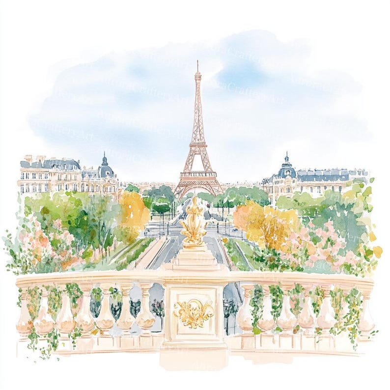 K&ouml;nnte beinhalten: Aquarellmalerei des Eiffelturms in Paris, Frankreich, mit Blick von einer dekorativen Steinbalustrade. Das Kunstwerk zeigt eine weiche Farbpalette aus Beige, Gr&uuml;n und Blau, wobei der Turm einen hellbraunen Farbton hat. B&auml;ume und Geb&auml;ude sind ebenfalls sichtbar.